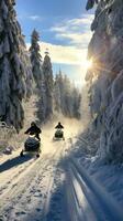 Snowmobiling. Adventurous rides through snowy terrain photo