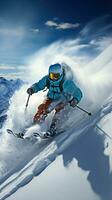 Skiing. Graceful glides down snow-covered mountains photo