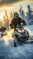 Snowmobiling. Adventurous rides through snowy terrain photo