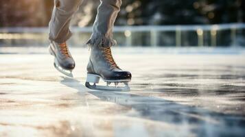 hielo Patinaje. elegancia y precisión en glacial superficies foto