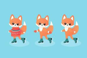 winter sports set. fox on skates with gloves and jumper. vector