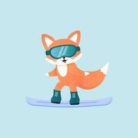 Fox on skis, snowboarding, fell in the snow, winter sports. vector