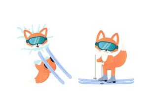 Fox on skis, snowboarding, fell in the snow, winter sports. vector