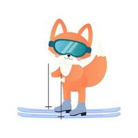 Fox on skis, snowboarding, fell in the snow, winter sports. vector