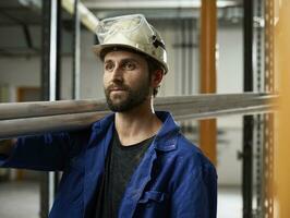 retrato de trabajador que lleva aluminio tubos foto