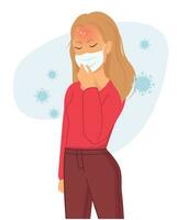 A woman in a mask with a temperature, fever, an infected person. protection and safety against coronavirus. vector