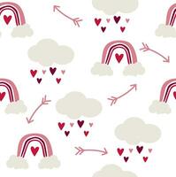 Seamless pattern of rainbows and clouds with rain hearts in childish Scandinavian style on a white background. vector