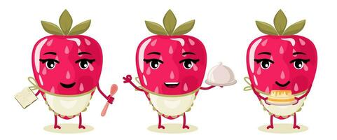 A set of characters cooked strawberry berry, prepare a cake according to the recipe. Animated cartoon character. vector