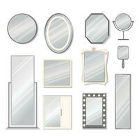 Set of vector mirrors of different models. Reflective mirror surface in silver frame, baby, tabletop, bath mirrors. Interior decor, vector