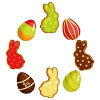 Easter banner holiday, with Easter eggs and gingerbread cookies arranged in a circle. Vector