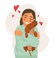 Happy smiling woman loves and hugs a dachshund dog. Love to the animals. vector