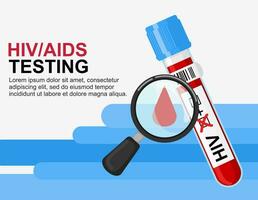 Blood test concept HIV test. World AIDS Day 1 December. Test tube with blood and positive test and magnifying glass. AIDS and HIV awareness. Clinical laboratory blood test. vector