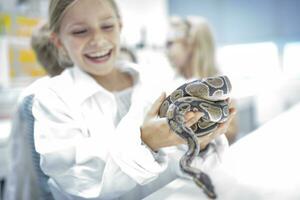 Happy schoolgirl in science class holding snake photo