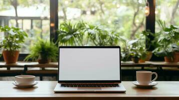 Modern laptop with blank white screen on the table photo