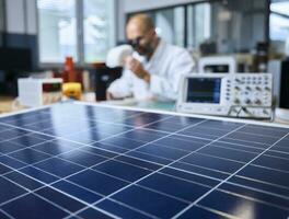 Solar panel and technician with microscope in background photo