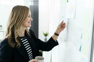 Smiling business woman standing at whiteboard in office photo