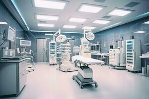 Empty operating room with patient lying under cover Generative AI photo