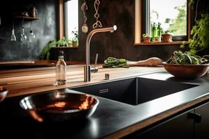 moderno espacioso brillante cocina con luz de sol y oscuro acentos 3d representación. cocina vacío superficie con utensilios generativo ai foto