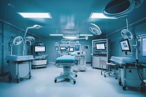 Empty operating room with patient lying under cover Generative AI photo