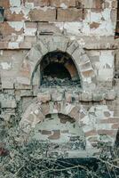 Destroyed old brick home stove concept photo. Damaged vintage oven on backyard. photo