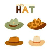 Cute hand drawn set of cowboy hats. Sheriff hat with cow print, star, ribbon in cowboy and western theme. Simple colorful doodle with print for horse ranch, wild west style. Vector clipart isolated