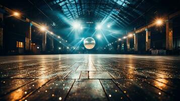 Dance floor shines with disco ball photo