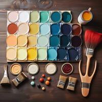 Home improvement. tools and paint swatches photo