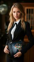 Businesswoman holding world globe and briefcase photo