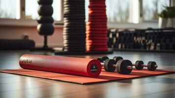 Fitness motivation. weights and yoga mats photo