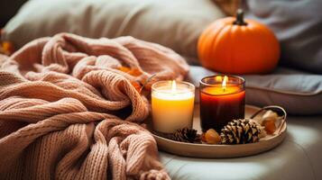 Cozy fall vibes. pumpkin spice and candles photo