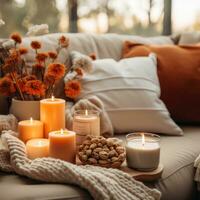 Cozy fall vibes. pumpkin spice and candles photo