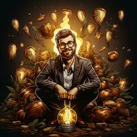 Entrepreneur with lightbulb and money symbols photo