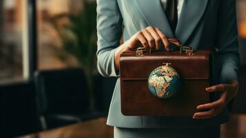Businesswoman holding world globe and briefcase photo