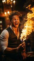 Fire-eater. Daring performer spitting flames with ease photo