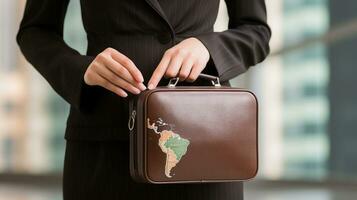 Businesswoman holding world globe and briefcase photo