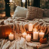 Cozy fall vibes. pumpkin spice and candles photo