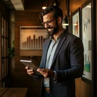 Man with tablet and growth chart in background photo