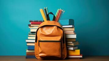 Back to school. backpacks and textbooks photo