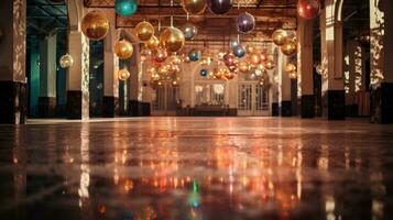 Dance floor shines with disco ball photo