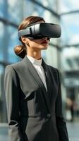 Businesswoman using virtual reality headset photo