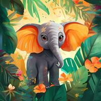 cute elephant in the tropical jungle, for storybook, children book, poster, birthday element, invitation card etc. photo