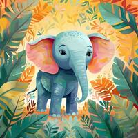 cute elephant in the tropical jungle, for storybook, children book, poster, birthday element, invitation card etc. photo