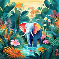 cute elephant in the tropical jungle, for storybook, children book, poster, birthday element, invitation card etc. photo