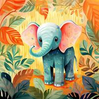 cute elephant in the tropical jungle, for storybook, children book, poster, birthday element, invitation card etc. photo