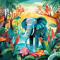 cute elephant in the tropical jungle, for storybook, children book, poster, birthday element, invitation card etc. photo