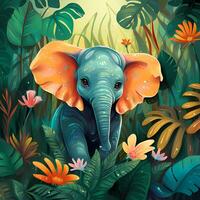 cute elephant in the tropical jungle, for storybook, children book, poster, birthday element, invitation card etc. photo