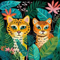 Tiger and other animals in the tropical jungle, for storybook, children book, poster, birthday element, invitation card etc photo