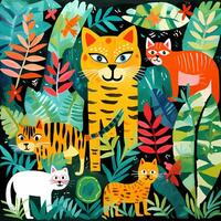 Tiger and other animals in the tropical jungle, for storybook, children book, poster, birthday element, invitation card etc photo