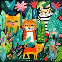 Tiger and other animals in the tropical jungle, for storybook, children book, poster, birthday element, invitation card etc photo