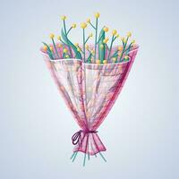 Vector bouquet of yellow wild flowers in a pink wrapper.